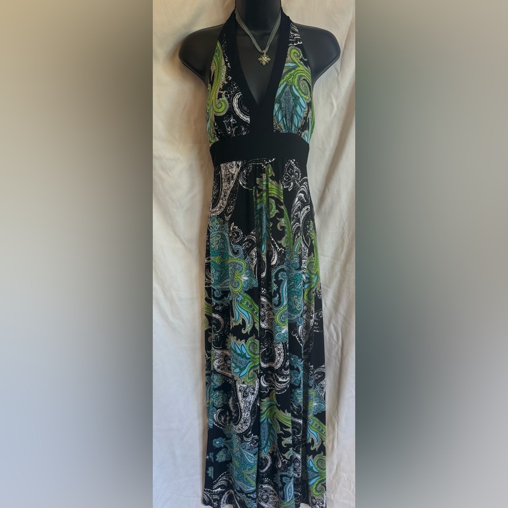 BISOU BISOU Paisley Halter Maxi Dress in Black, Blue and Green sz 6 Like New